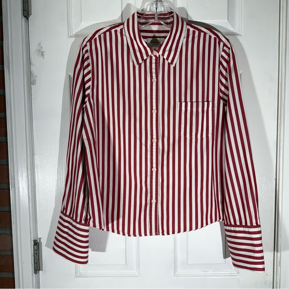 Talbots Petites Red White Striped Shirt Top Blouse Size M Long Sleeve Button-Up